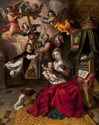 Virgen con el Niño Jesús dando la bienvenida a la cruz